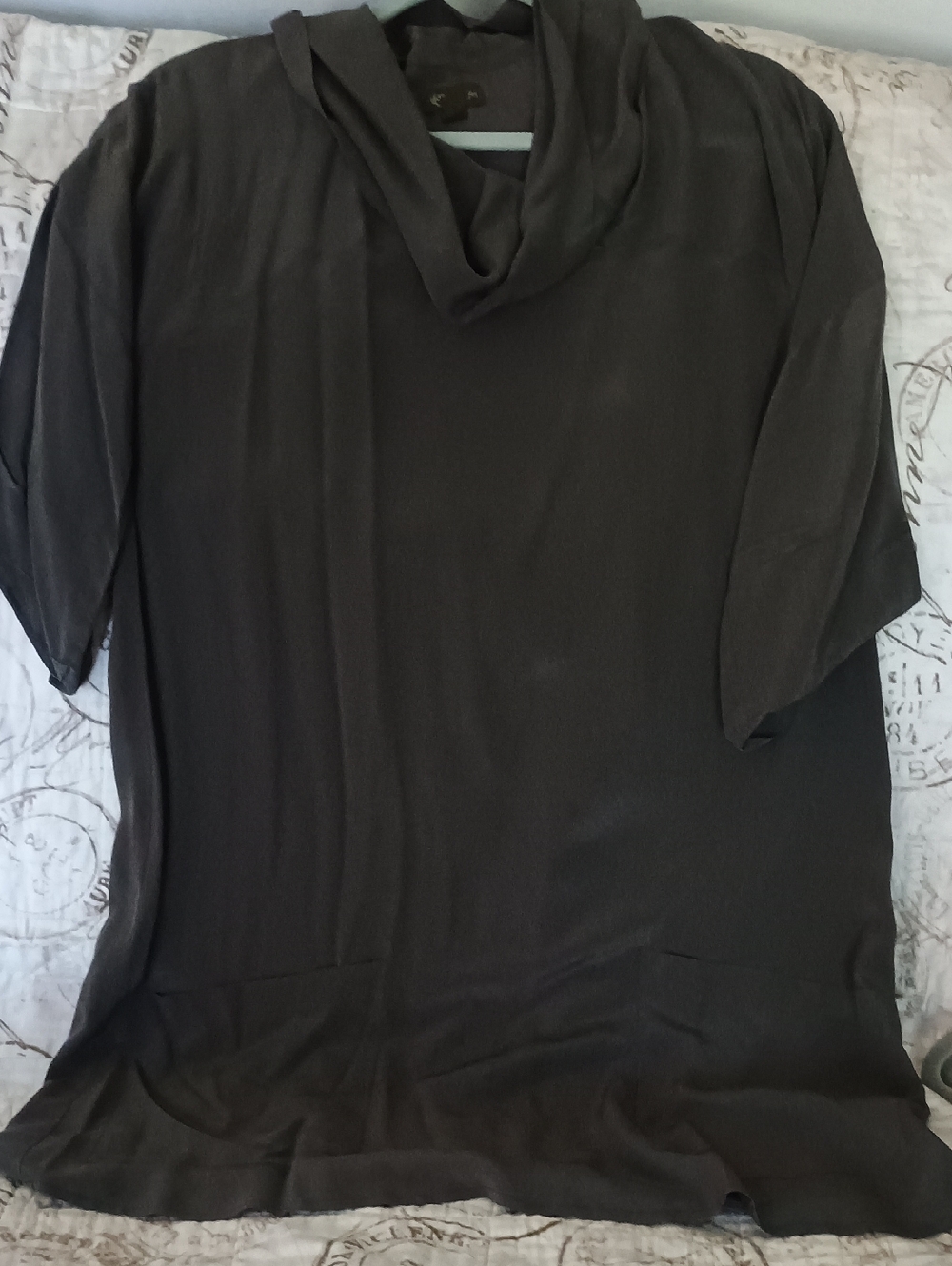 Dark Grey Silk Cowl Neck Tunic Top with Pockets.